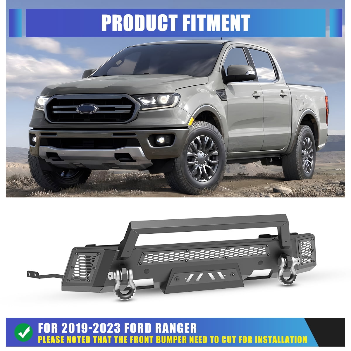 Heavy Duty Steel Front Bumper for Ford Ranger 2019 2020 2021 2022 2023,Front Bumper with Bull Bar,Black Powder Coated