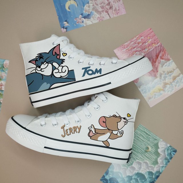 Primavera y otoño Nuevos zapatos de lona de caña alta para hombres de marca compartida Tom y Jerry Zapatos de pareja de estudiantes versátiles de moda de estilo coreano para mujeres ins