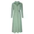 thumbnail image 5 of IROINNID Maxi Dress for Women Turndown Collar Loose Cotton Linen Long Sleeve Tightness High Waist Dress ,Green, 5 of 6