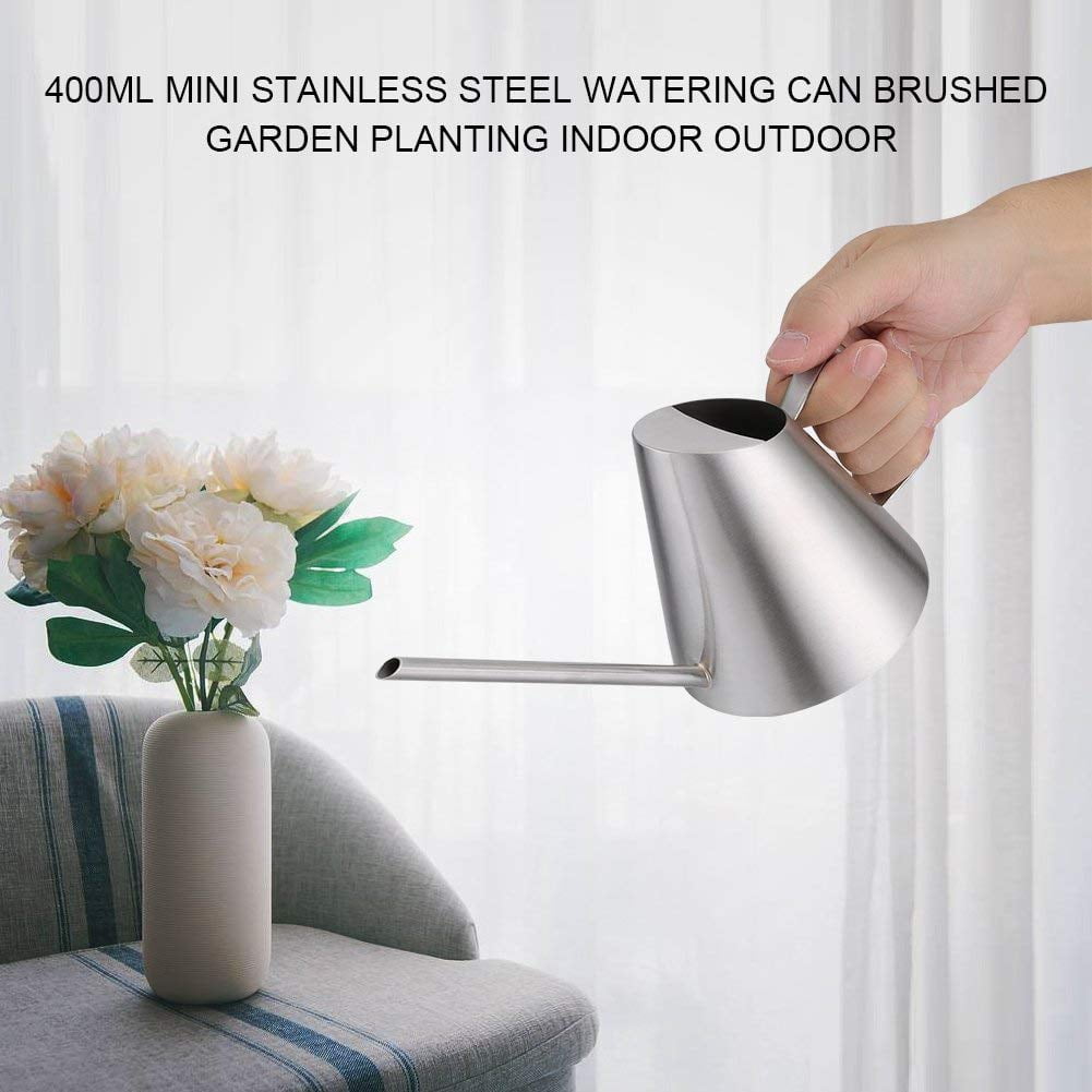 400ml Watering Can, Stainless Steel Long Spout Watering Pot, Mini Modern, Brushed Sliver Flower Plant Watering Can Pot, Gardening Tool for for Home Office