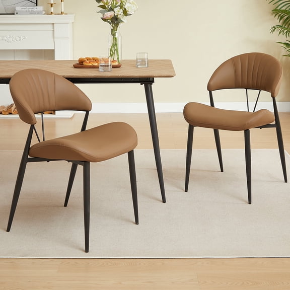 Modern Upholstered Dining Chairs Set of 2, Comfy Backrest Kitchen Chairs with Metal Legs, Black Brown