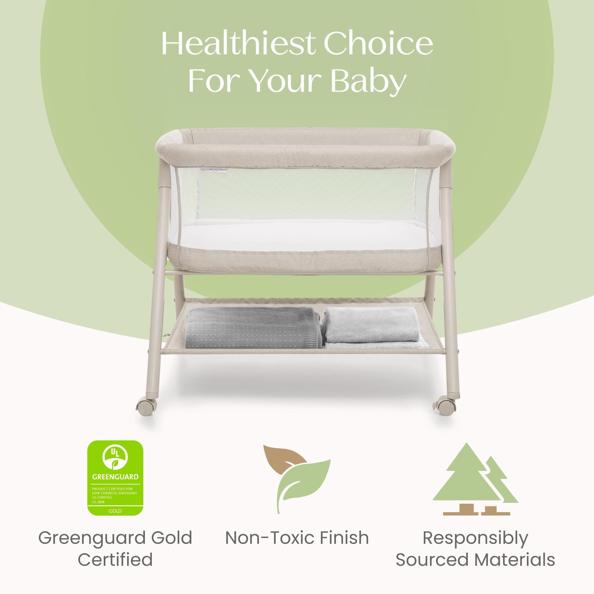 Delta Children Haven AirFlow Bassinet with Breathable Mesh and Wheels, Tan