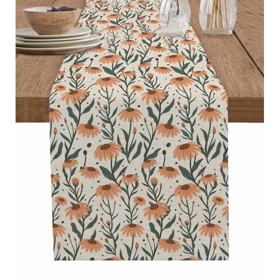 ERUNPONLY Orange Flower Table Runner - 70 Inch Long Fall Daisies Traditional Fruit Plant Cotton and Linen Blended Dress Scarves Farmhouse Table Runner for Kitchen Dining, Coffee Table, 13"x70"