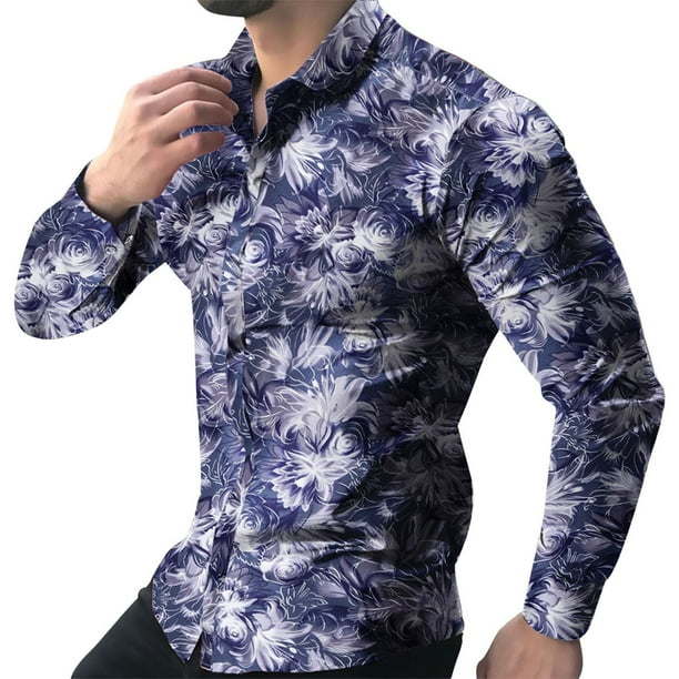 Camisas Para Hombre Camisa estampada informal de otoño e invierno para hombre, camisa de manga larga con solapa y botones, camisa informal de manga larga con solapa estampada (Purple, XXL)