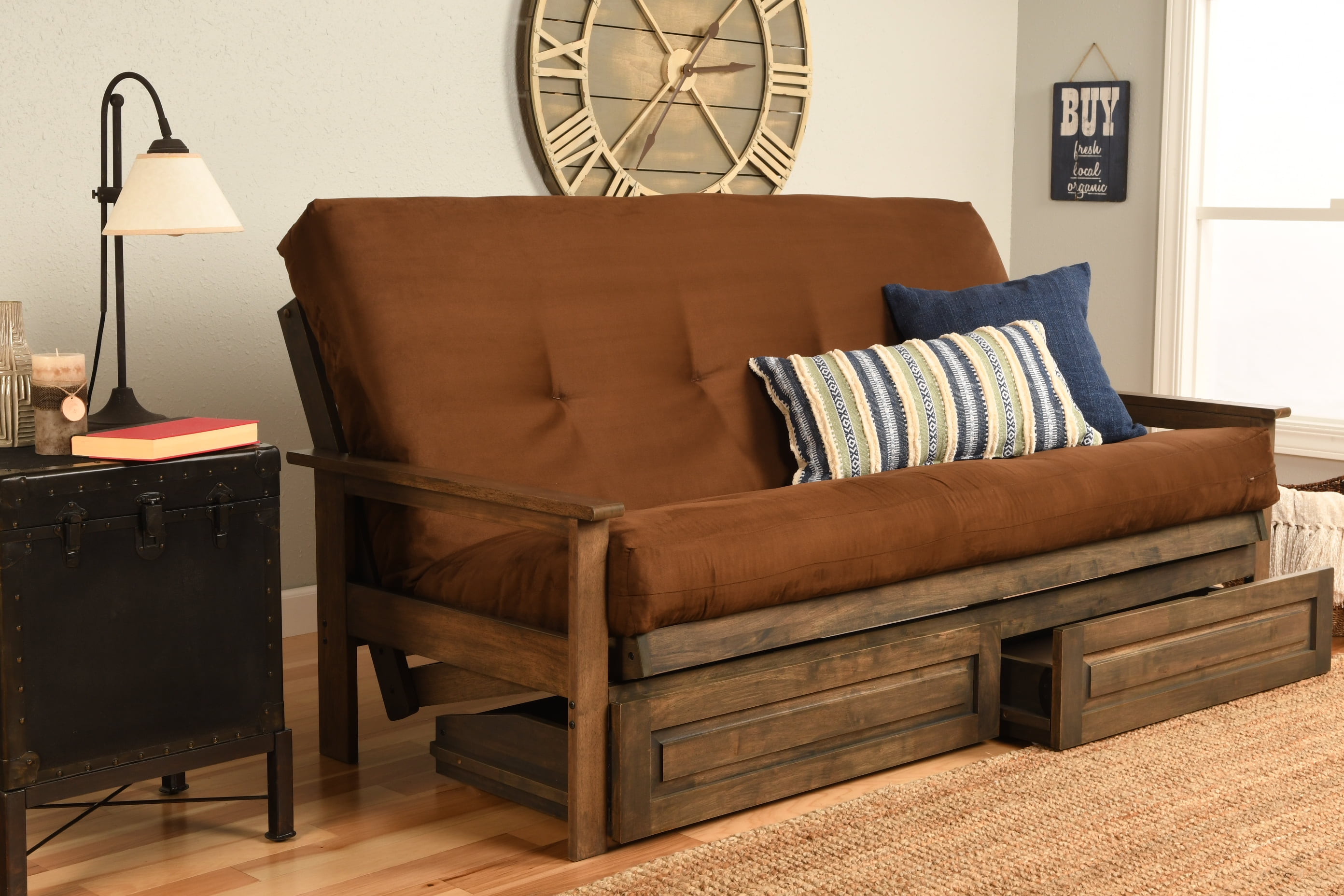 Albany Futon with storage in Rustic Walnut Finish, Multiple Suede Colors