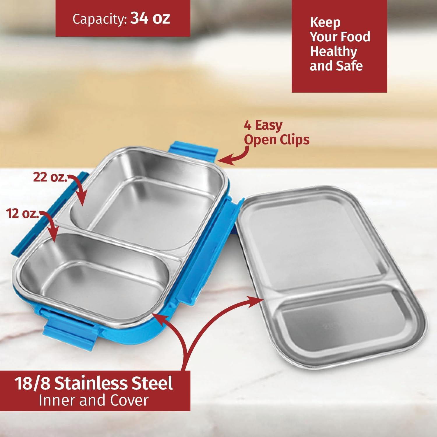 SIGNORA WARE Stainless Steel Bento Box 34 oz Leakproof 2 Compartments Lunch Box – Aqua Blue