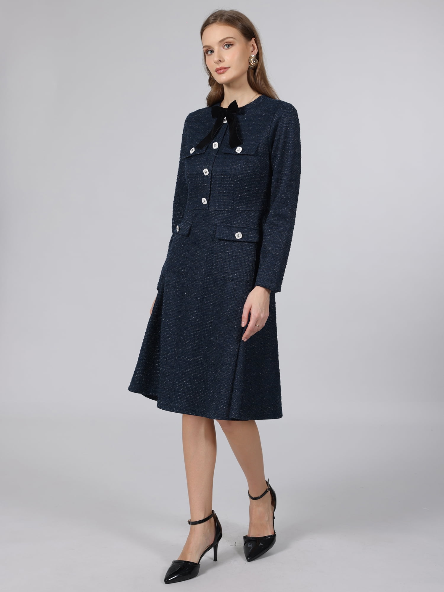 DARING DIVA Women's Tweed Long Sleeves Crew Neck A-Line Design Dress M Navy Blue