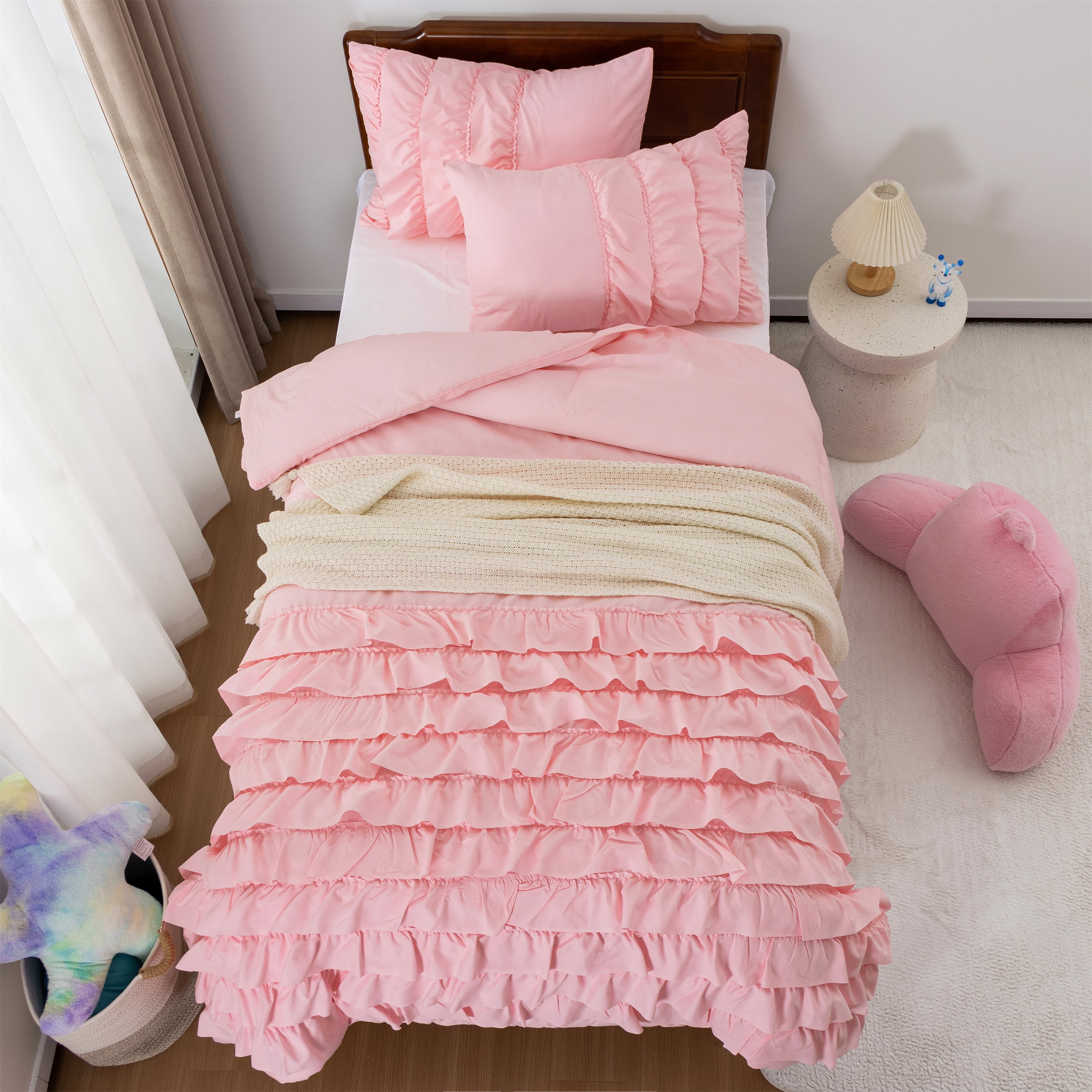 Btargot 3PC Waterfall Ruffled Princess Comforter Set Twin Soft Chic Bedding Set for Kids Girls Pink