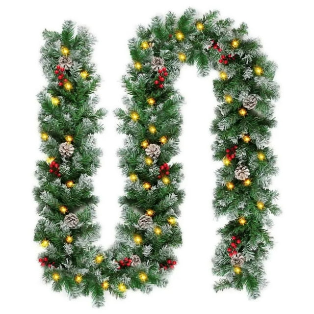Décoration de Noël Couronne de Noël de 2,7 Mètres avec Lumières d'Escalier Couronne de Vigne Verte Artificielle avec Pommes de Pin Baies Rouges et Lumières Led Couronne de Cheminée Décorations Murales