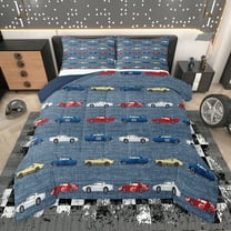 Manfei Kids Cartoon Car Queen Comforter Set, Steel Blue Bedding Sets, Vehicle Truck Theme Reversible Bedding Comforter Set, Luxury Bedroom Decor, 3-Piece