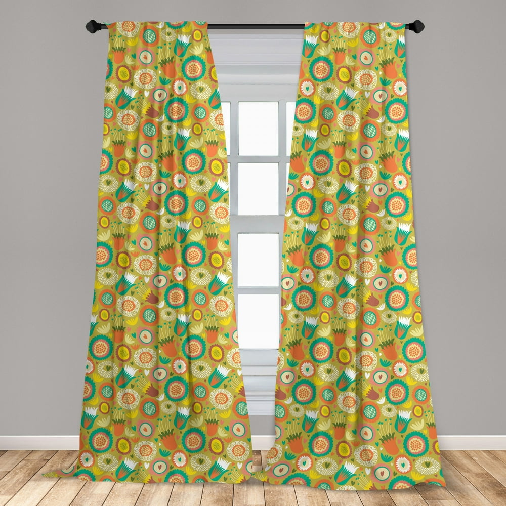 Whimsical Curtains 2 Panels Set, Botanical Pattern with Doodle Style