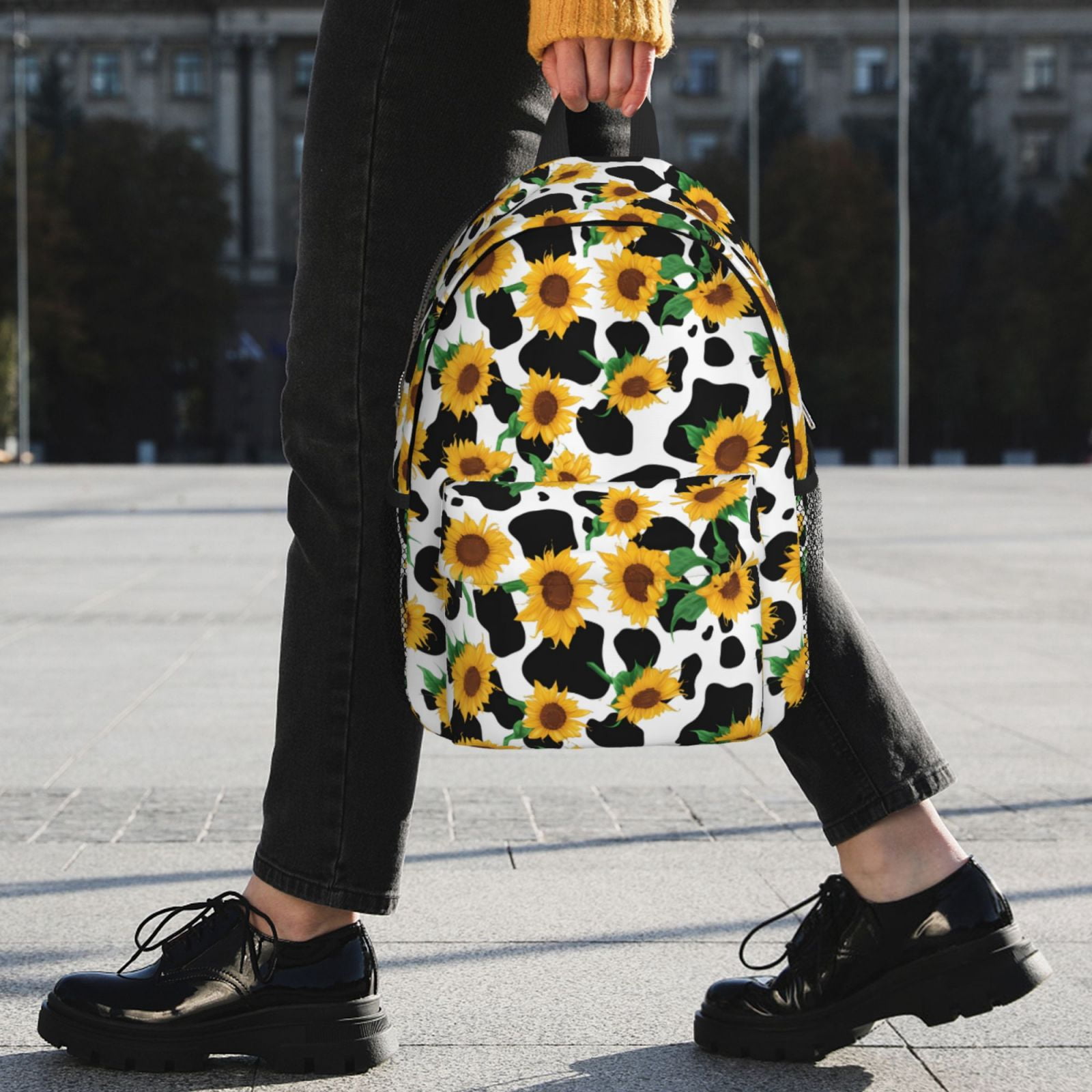 Rateoe Cute Cow Print Sunflower C Pattern Student Backpack Water-resistant Backpack 15-inch Laptop Backpack Lightweight Adjustable School Backpack