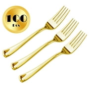 JL Prime 100 Piece Gold Plastic Forks Bulk Set, Gold Plastic Cutlery Set, Heavy Duty Utensils for Party & Wedding, Disposable Silver Flatware, Silver Plastic Forks 100 Pack