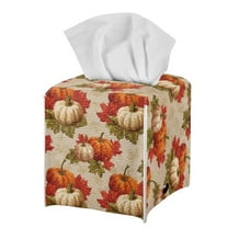 FUIALDOLG Waterproof Tissue Box Cover, Square PU Leather Car Tissue Holder, Decorative Facial Paper Organizer Dispenser for Bathroom, Night Stands, Desk, 5.1X5.1X5.5'' -Thanksgiving Pumpkins