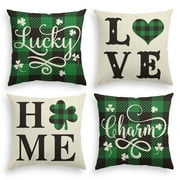 AVOIN colorlife St Patrick's Day Green Lucky Shamrock Love Home Charm Throw Pillow Cover, Farmhouse Style Decoration for Sofa 20 x 20 inch Square Set of 4