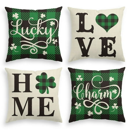 AVOIN colorlife St Patrick's Day Green Lucky Shamrock Love Home Charm Throw Pillow Cover, Farmhouse Style Decoration for Sofa 20 x 20 inch Square Set of 4