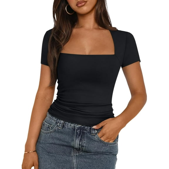 Women's Square Neck Tops Short Sleeve Shirts Double Lined Workout Summer Clothes Casual Slim Fit T-Shirts