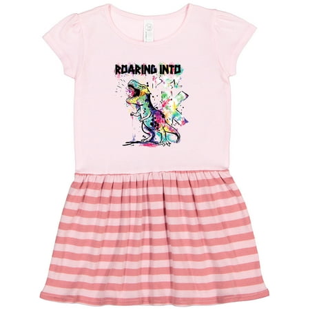 

Inktastic Roaring into Pre K Grade Rainbow Paint Splatter T-Rex Gift Toddler Girl Dress