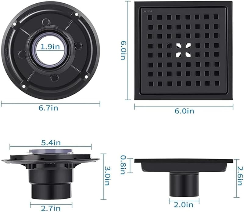 ELLO&ALLO 6" Square Shower Floor Drain - SUS 304 Stainless Steel, Oil Rubbed Bronze, Removable Grate With Hair Strainer (Quadrato Pattern)
