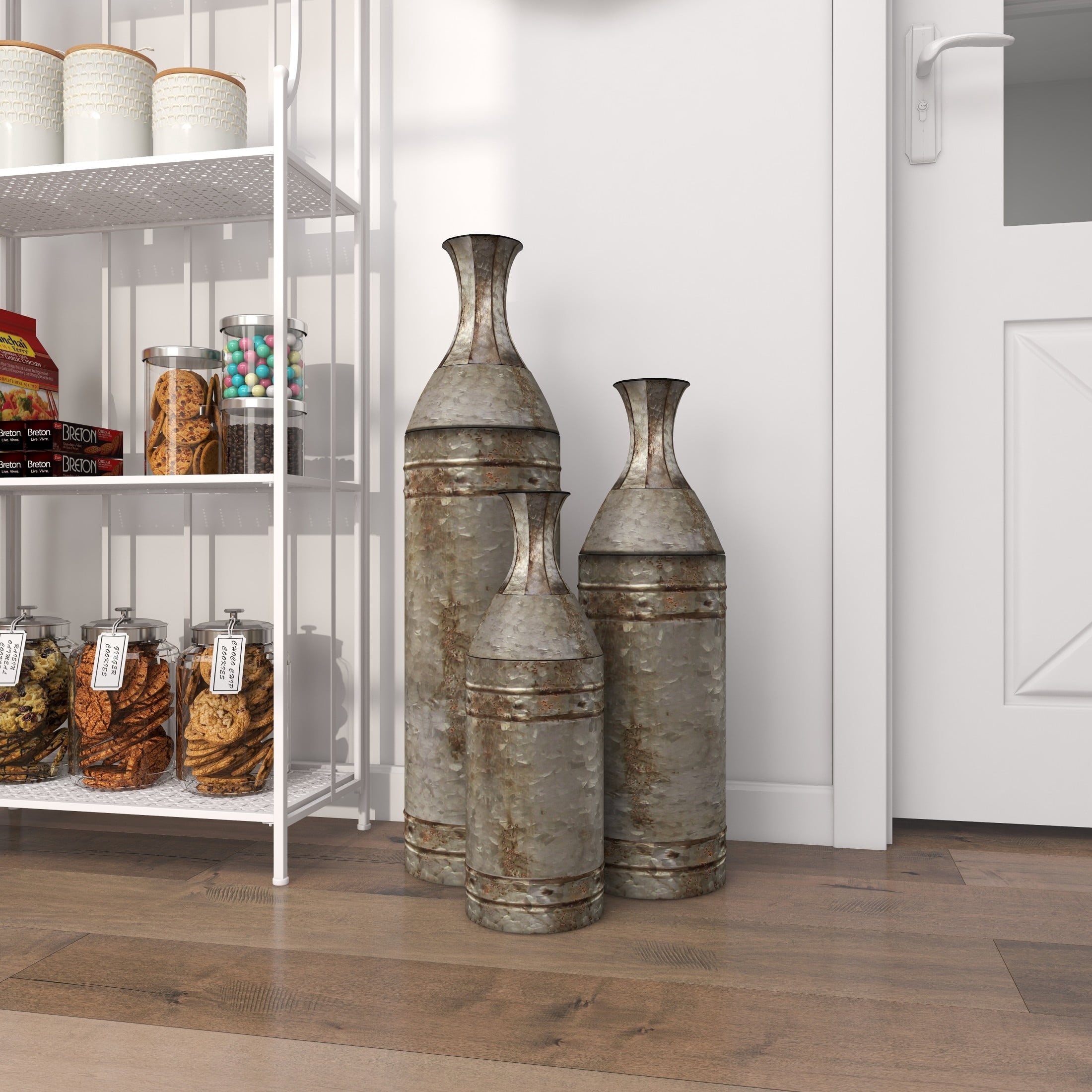 DecMode Farmhouse Cylinder Shape Extra Large Silver Distressed Metal Floor Vases, Set of 3, 43", 33", 25"H