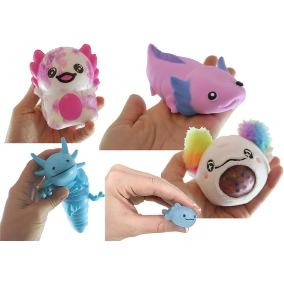 Axolotl Lover Bundle of 5 Fidgets - Plush Squeeze PBJ Stress Ball / Articulated Wiggle / Mochi / Slow Rise Squish / Sand Filled - Sensory, Stress, Fidget Toy (RANDOM COLORS)