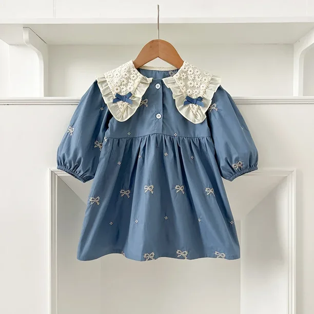 Body coreano bordado con lazo para bebé, vestido bonito de primavera con cuello de mariposa y manga larga para niña, ropa para niños, vestido para hermanas