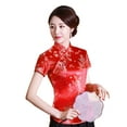 thumbnail image 2 of Fusipu Women Chinese Short Sleeve Stand Collar Dragon Phoenix Print Ethnic Blouse Shirt, 2 of 8