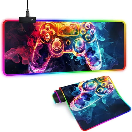 XL Led Gaming Mouse Pad with 14 Light Modes - Light Up Gamer Mouse Pad,31.5 x 11.8in Non-Slip Gamepad Style RGB Large Gamer Mousepad,Black Long Glowing Gaming Accessories for Desk,Waterproof