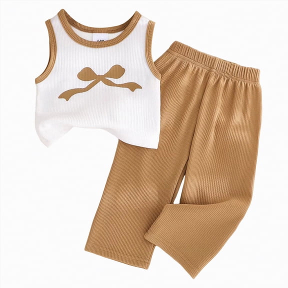 TOWED22 Toddler Girl Summer Outfits 2pcs Sleeveless Smocked Strap Crop Top Linen Pants Baby Clothes(White,9-12 M)