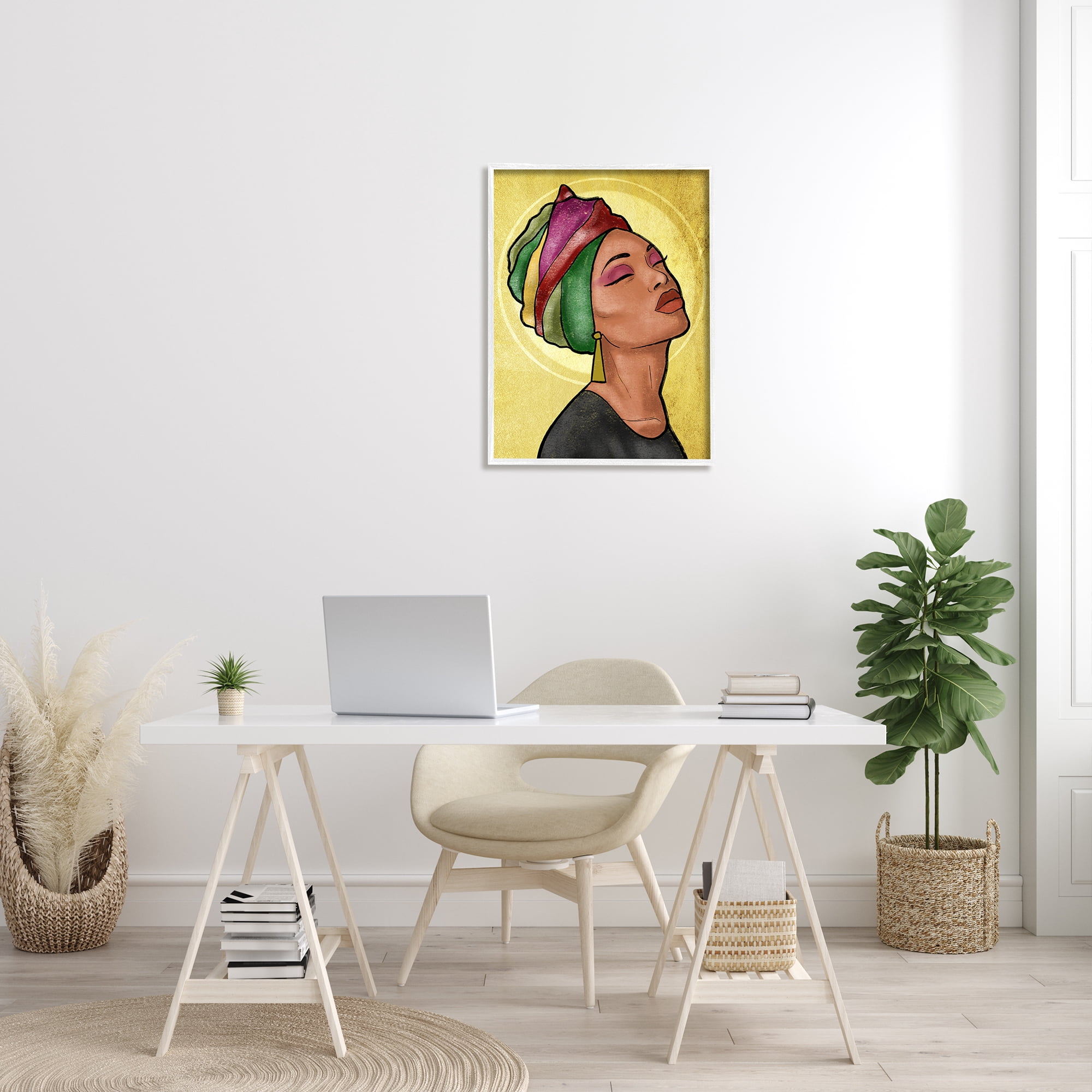 Stupell Industries Glamour Woman Portrait Fashion Cosmetics and Headwrap World Cultures Painting White Framed Art Print Wall Art, 24 x 30