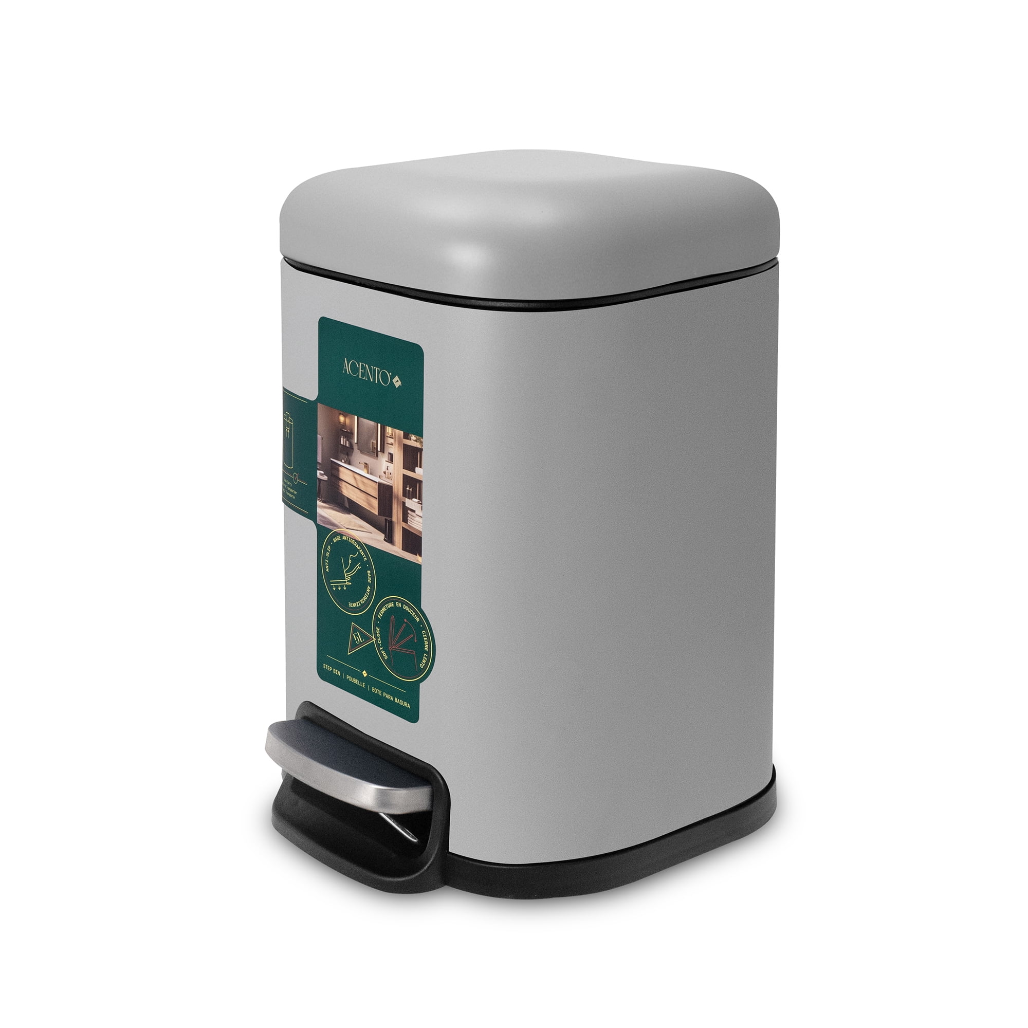 Acento Cubo Square Step Trash Can, 1.6 Gallon Compact Bathroom Waste Bin with Soft Close and Stay Open Lid, Removable Inner Bucket, Matte Gray