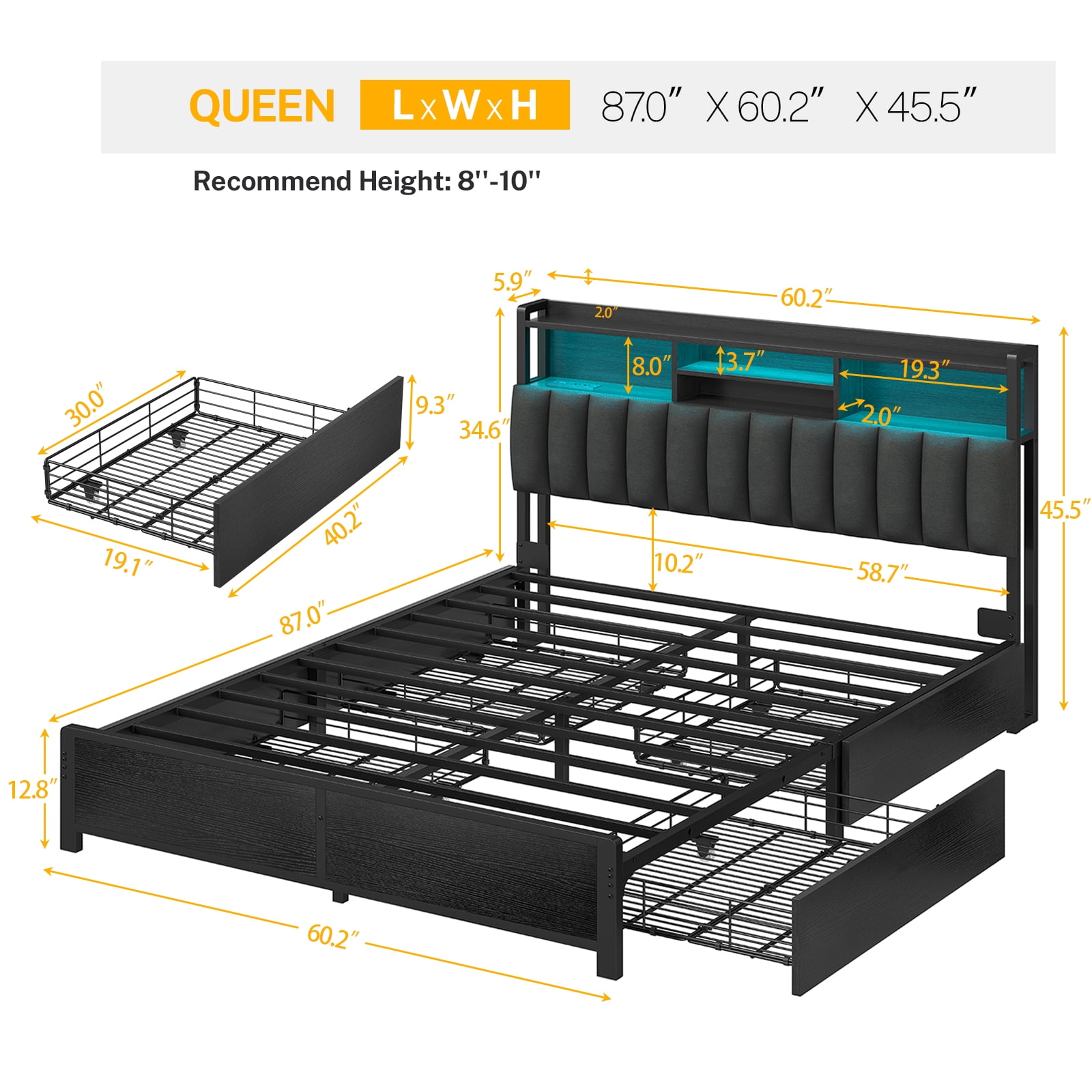 Queen Bed Frame with Charging Station & LED Lights, Bed Frame Queen Size with 4 Storage Drawers, Upholstered Headboard with Shelves, Black, Noise Free