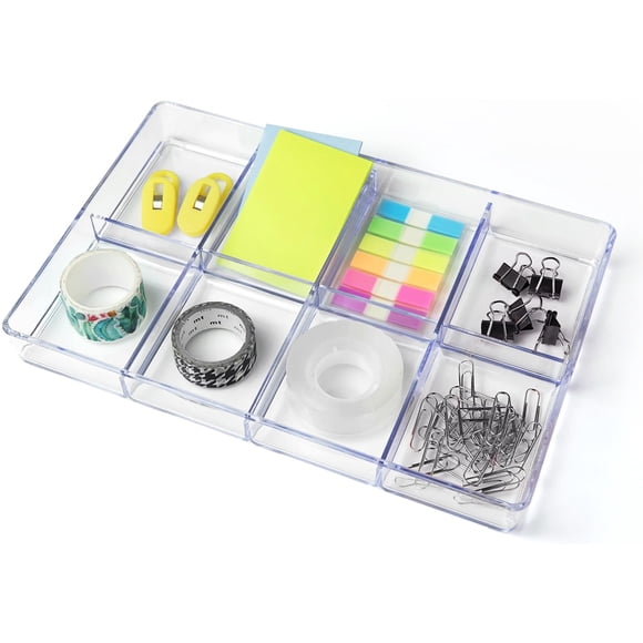carrotez Desk Drawer Organizer Tray, 8 Grid, Stackable Clear Plastic Storage Organizer for Office Supplies, Makeup, Stationary, Accessory
