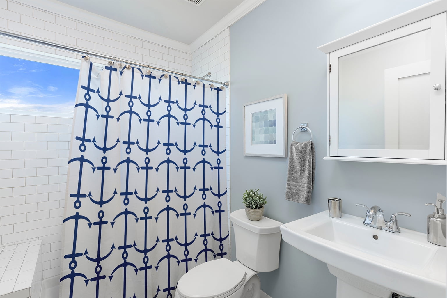 Simply Daisy 70" W x 73" L Anchor Pattern Polyester Shower Curtain, Nautical Navy [1 Ct]