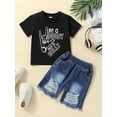 thumbnail image 2 of Wassery 2Pcs Infant Boy Summer Clothes 6 12 18 24 Months Baby Letter Print Short Sleeve Crew Neck T-Shirts Denim Shorts Set, 2 of 9