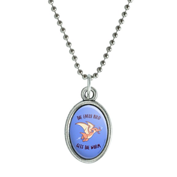 The Early Bird Gets the Worm Funny Humor Antiqued Oval Charm Pendant with Chain