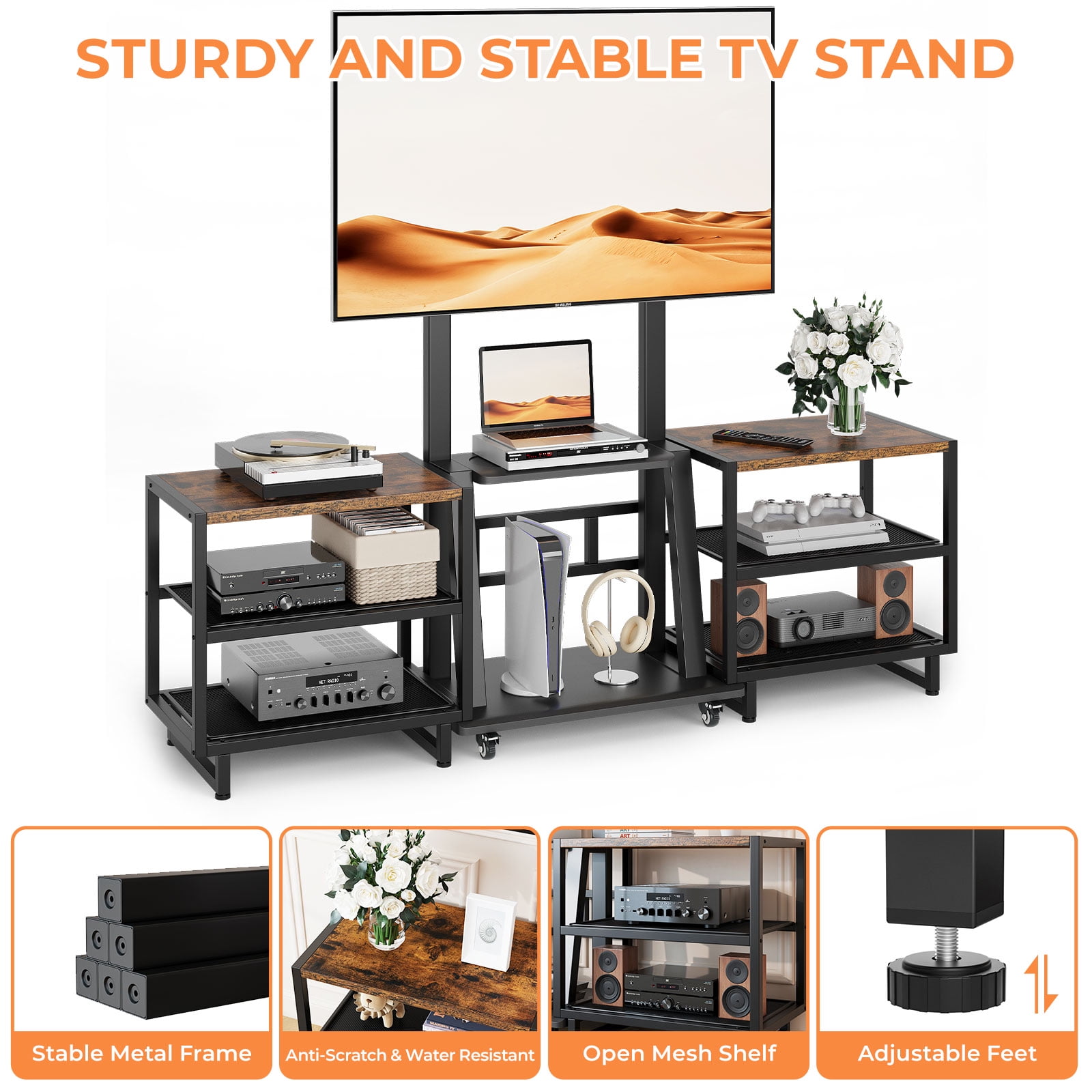Rolling TV Stand with Storage Shelf for 32-75'' Screen, Mobile TV Stand Height Adjustable Entertainment Center for Living Room Bedroom Office