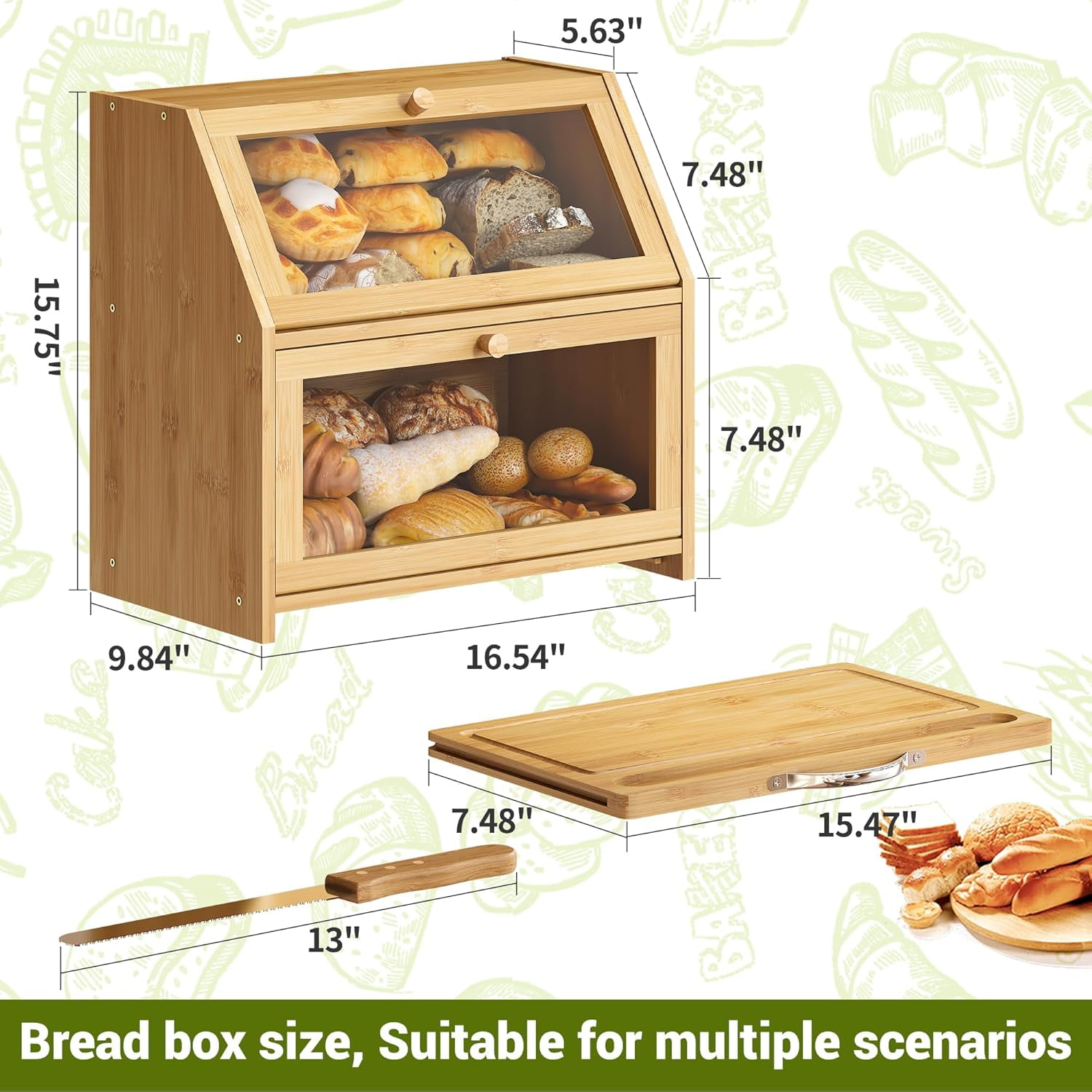 Bread Box with Cutting Board Kitchen Bread Storage Organizer Farmhouse Countertop Double Bamboo Wood Bread Box(Natural)