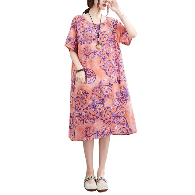 Vestido suelto para mujer Vestido bohemio con estampado floral con bolsillos Manga corta Cuello Abanopi Vestido