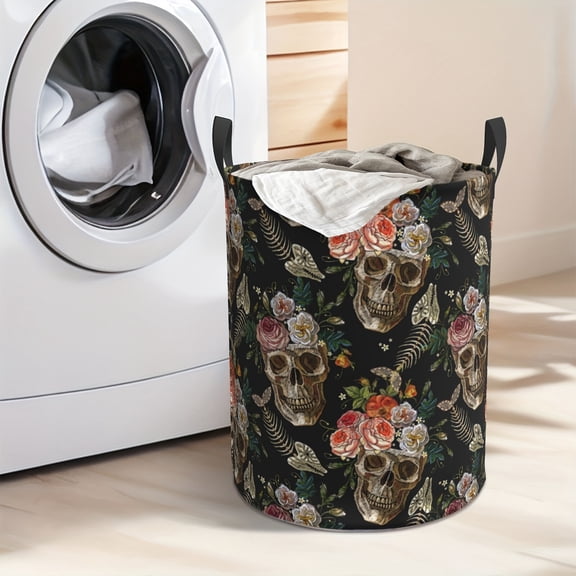 Skull flower print oversized foldable laundry basket - Thick Oxford fabric material, sturdy handle design, saves space, suitable for laundry rooms, bedrooms, and bathrooms for storage