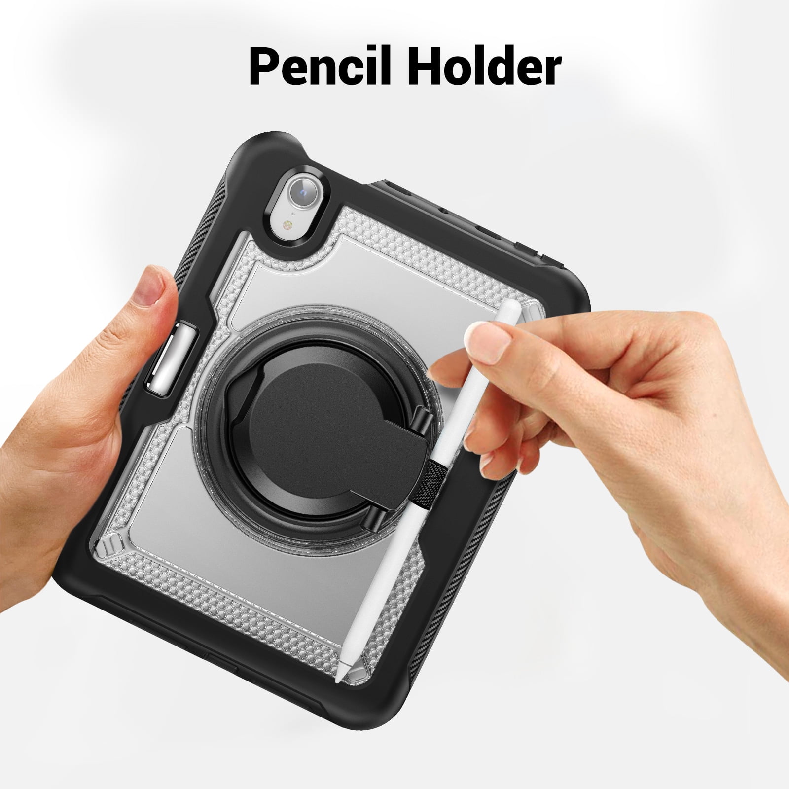 Shockproof Case for Apple iPad Mini 6th 7th Generation 8.3 Inch, Rugged Hybrid Protective Cover with Pencil Holder & Shoulder Strap Kids Friendly Rotating Kickstand Case for iPad Mini 6 7,Clear