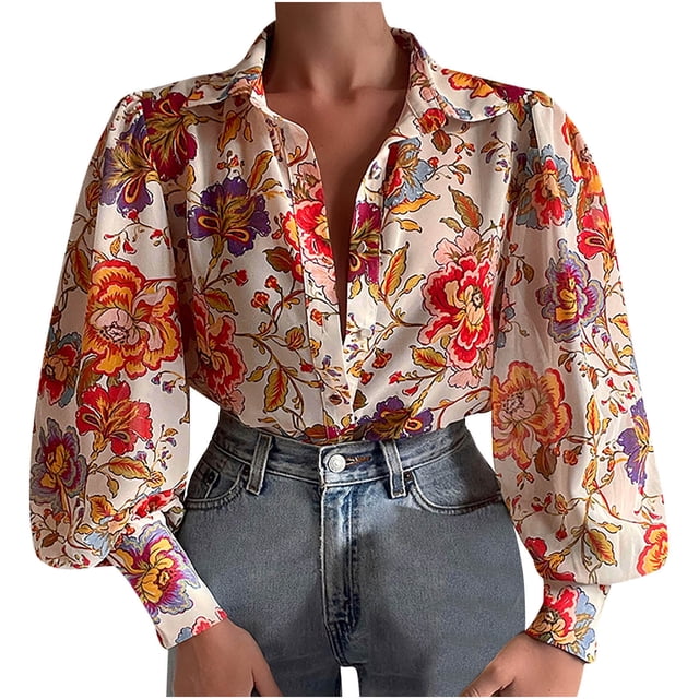 IROINID Liquidation Chemises à Manches Longues Col en V pour Femmes Été Imprimé Bouton Col Rabattu Hauts Blouse Chemise Pull, Blanc