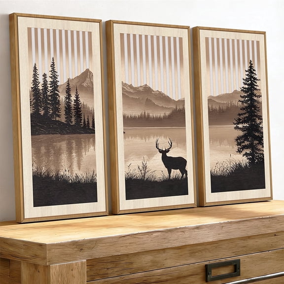 TOARTi Wildlife Wood Wall Art Wilderness Framed Animal Cut Out Rustic Landscape Set of 3 For Living Room Bedroom Farmhouse 8x16 Inch