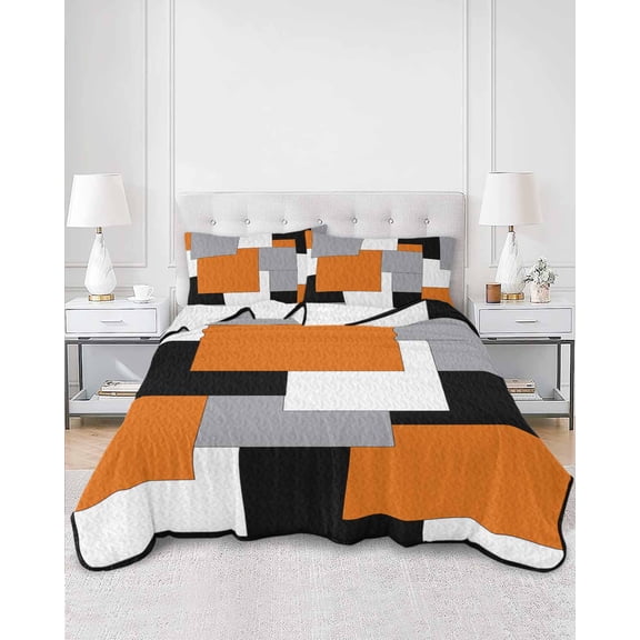 Quilts Queen Size, Orange Black Grey Soft Comforter Bedding Set for Bed, Middle Century Irregular Geo Abstract Art Lightweight Quilted Bedspread with Pillow Cover(2 Pieces) for All Season, 90x96 Inch