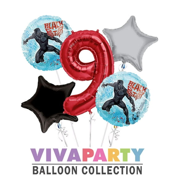 Black Panther Round Balloon Bouquet 5 pc, 9th Birthday, Red Number 9 Jumbo Balloon | Viva Party Balloon Collection