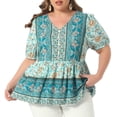 thumbnail image 2 of Women's Plus Boho Floral Print V Neck Short Sleeve Summer Blouses 2X Green, 2 of 6