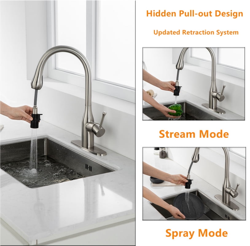 AUKTOPT Modern Hidden Pull-Out Kitchen Faucet with 2 Water Modes, Swivel High Arc Kitchen Sink Faucet with Deck Plate Suit to 1 or 3 Holes , Solid Brass Construction, Brushed Nickel