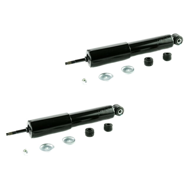 par de amortiguadores gas Frontier 1998 al 2004 Nissan delanteros SYD, par delantero negro de cuerpo cilíndrico metálico con vástago y ojo superior, incluye bujes de goma, arandelas y tuercas, para eje delantero/suspensión; también suele usarse para reemplazo en proyectos de restauración todoterreno.