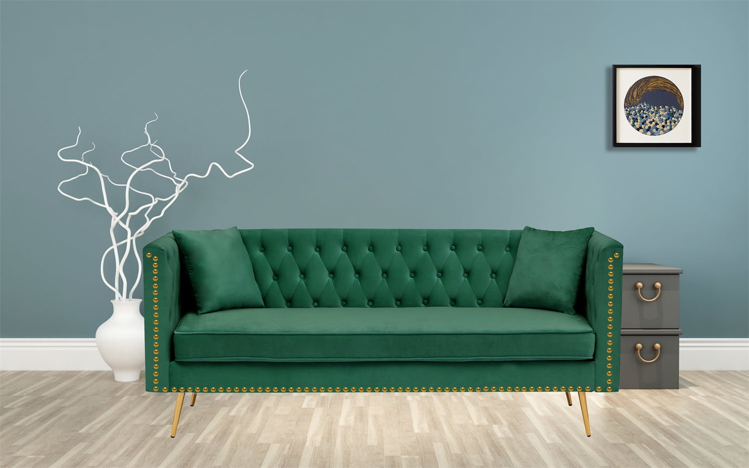 Modern Upholstered Sofa, Velvet Button Tufted Sofa Couch with Two Throw