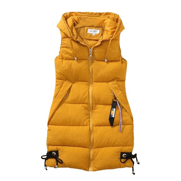 Gureui Women Winter Warm Waistcoat Jacket Sleeveless Solid Color Drawstring Full Zipper Tie-up Casual Oversized Hooded Vests with Pockets Outerwear Streetwear